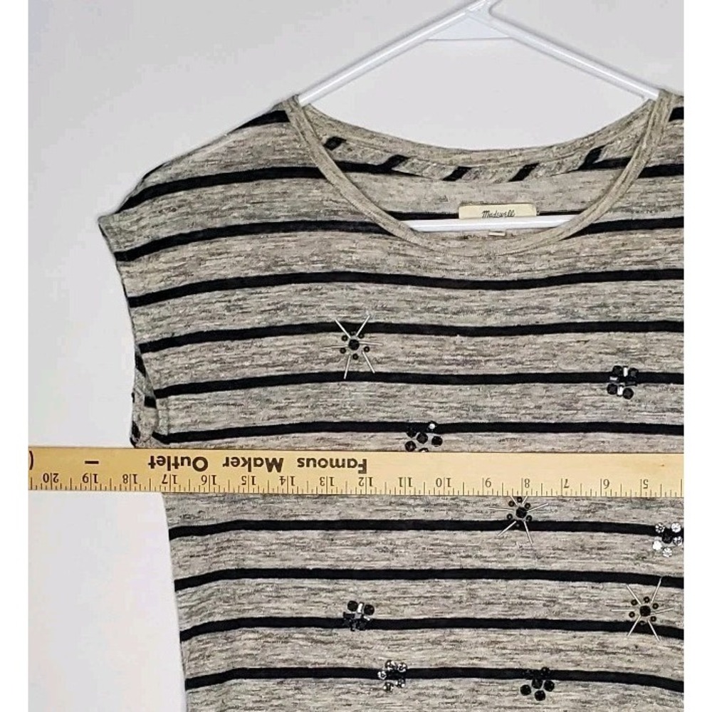 Madewell Linen Tshirt Women XS Sequin Gray Coastal Nautical Stars Stripe - Picture 4 of 8